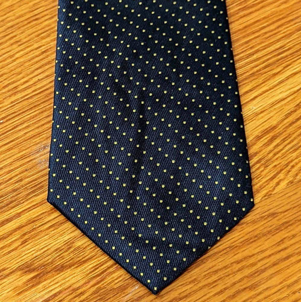 Navy and gold polka dot silk tie